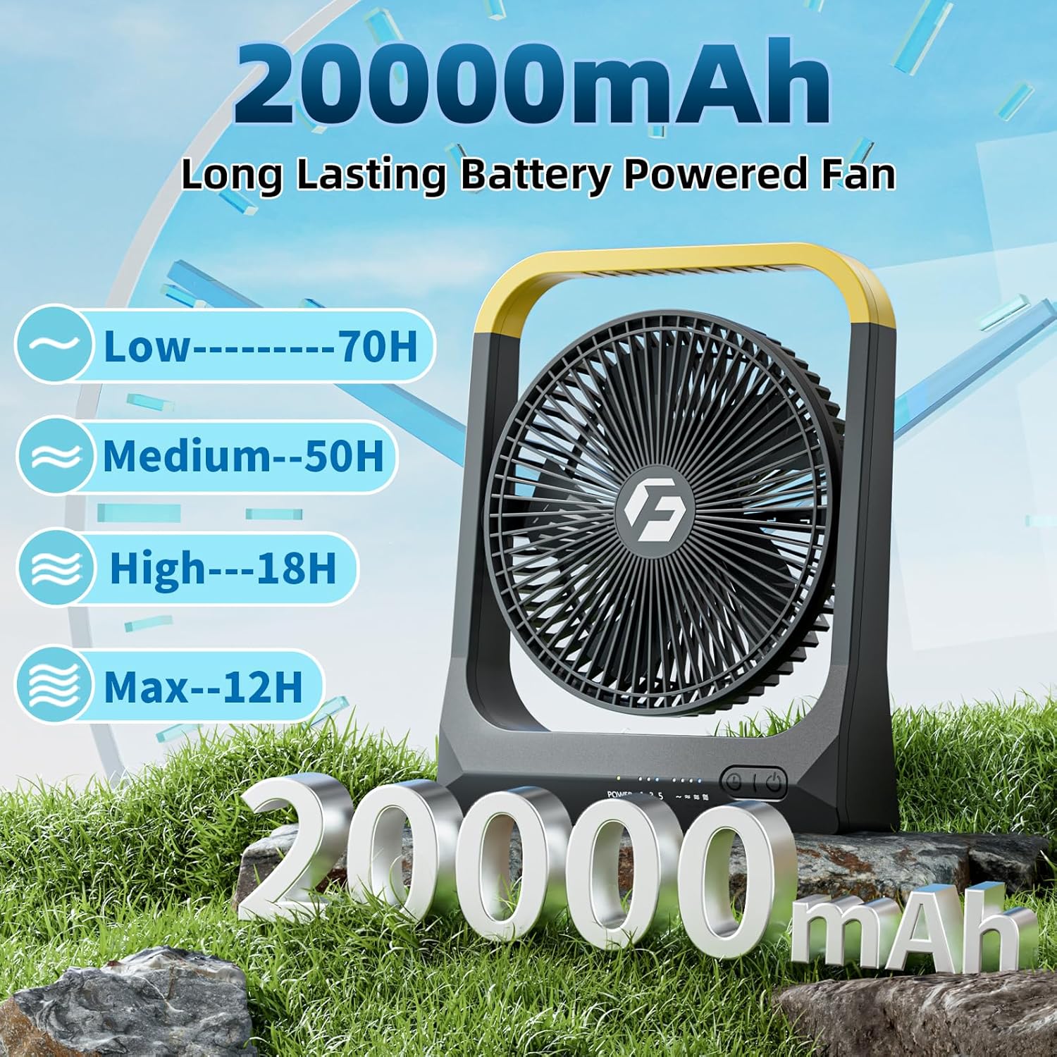 AtelierVivant 20800mAh USB Desktop Fan 80H Long Lasting 3350RPM Portable Fan with 4 Speeds 3 Timers for Travel Office Camping