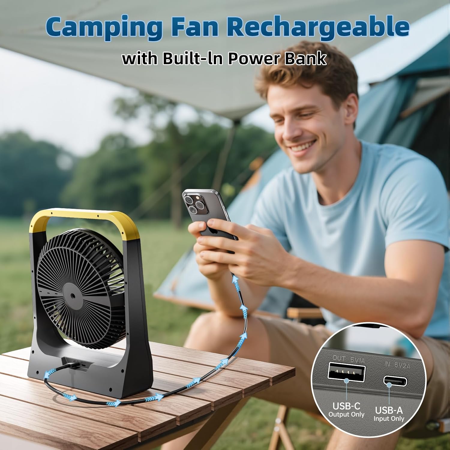 AtelierVivant 20800mAh USB Desktop Fan 80H Long Lasting 3350RPM Portable Fan with 4 Speeds 3 Timers for Travel Office Camping