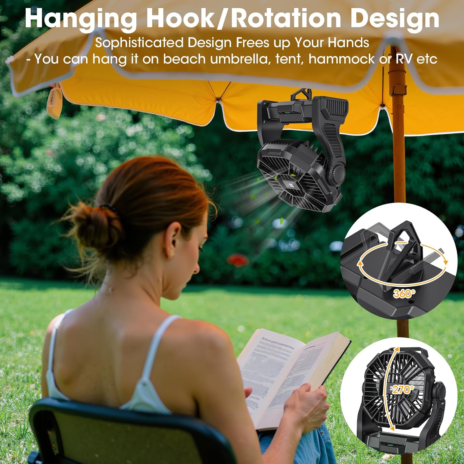 AtelierVivant 20400mAh USB Desk Fan Tent Fan with LED Light Hook for Beach Travel Camping Outdoor