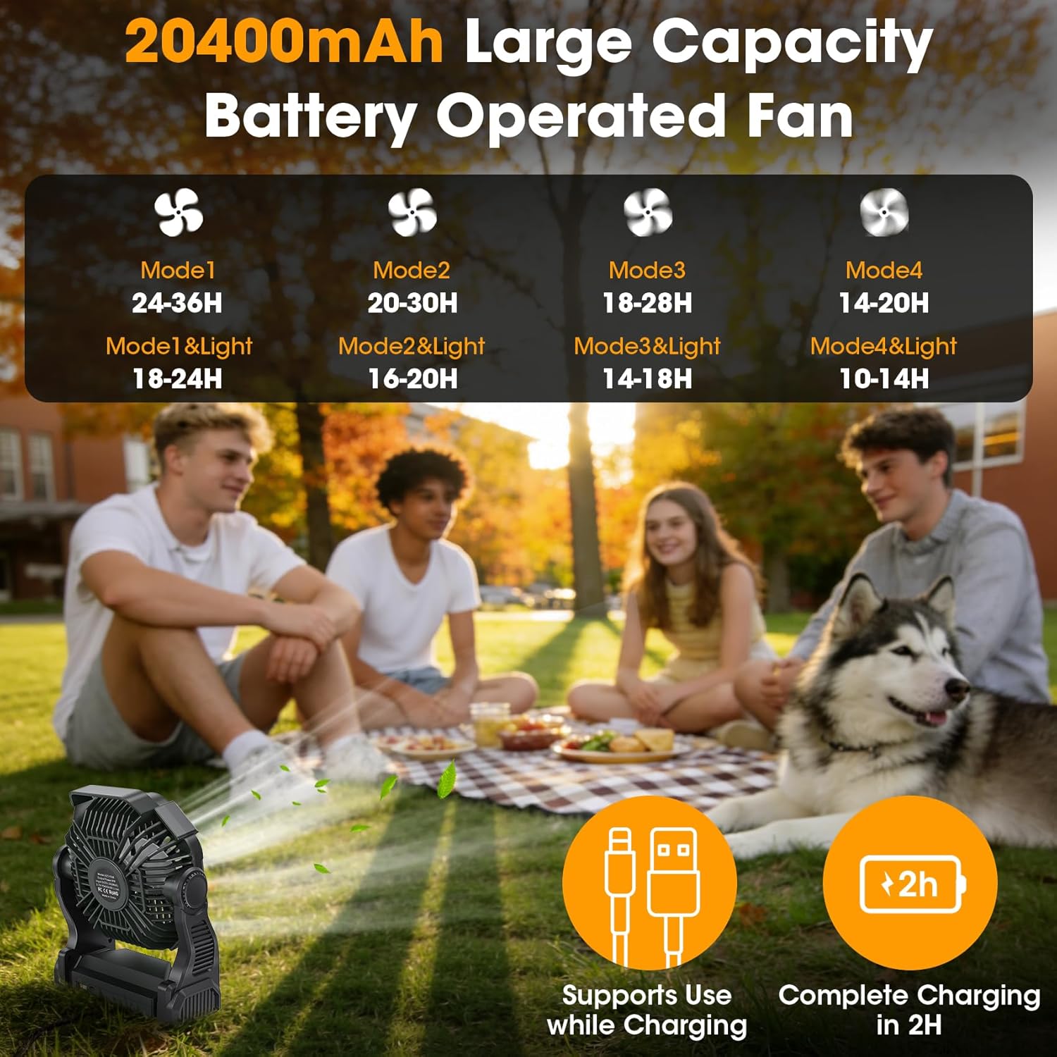 AtelierVivant 20400mAh USB Desk Fan Tent Fan with LED Light Hook for Beach Travel Camping Outdoor