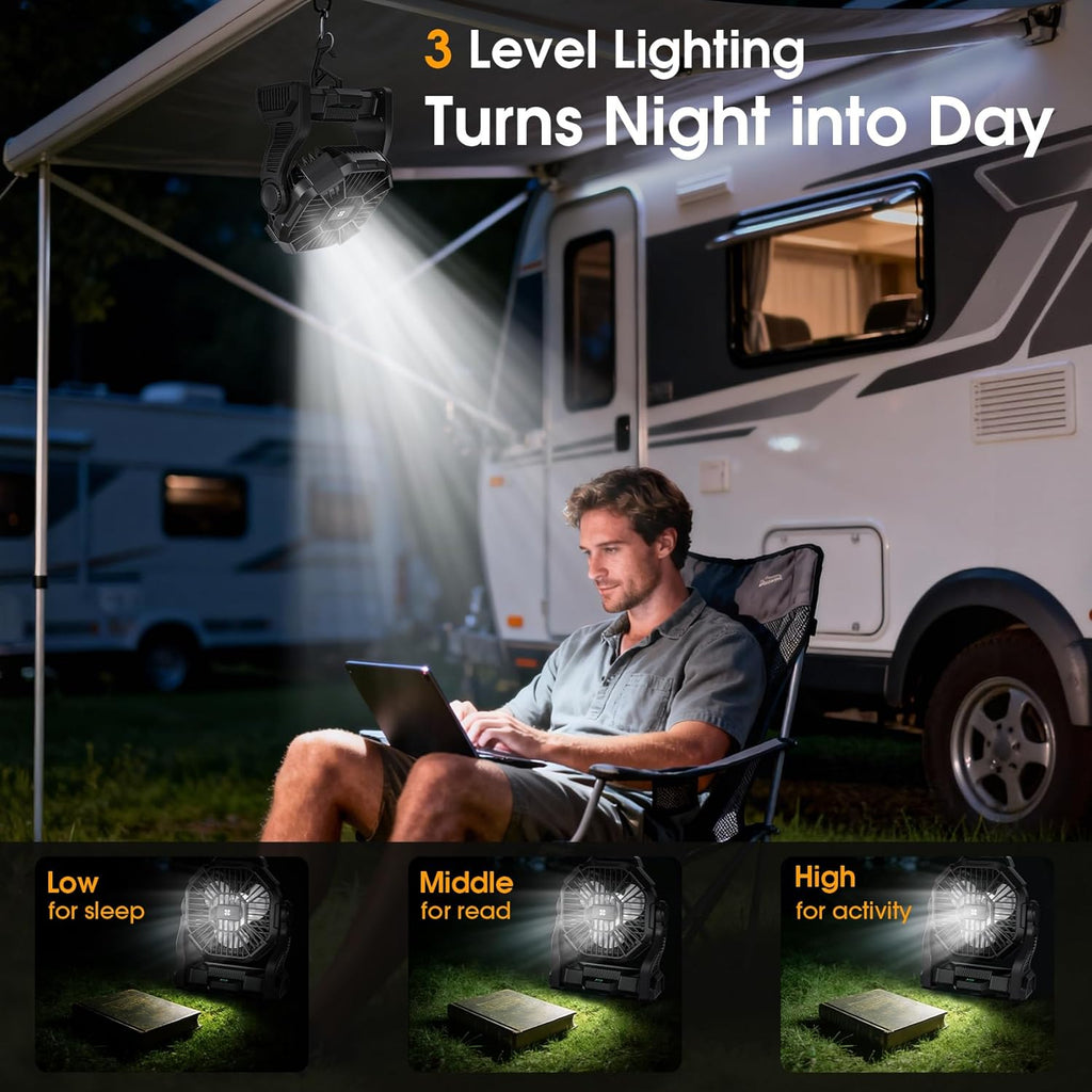 AtelierVivant 20400mAh USB Desk Fan Tent Fan with LED Light Hook for Beach Travel Camping Outdoor