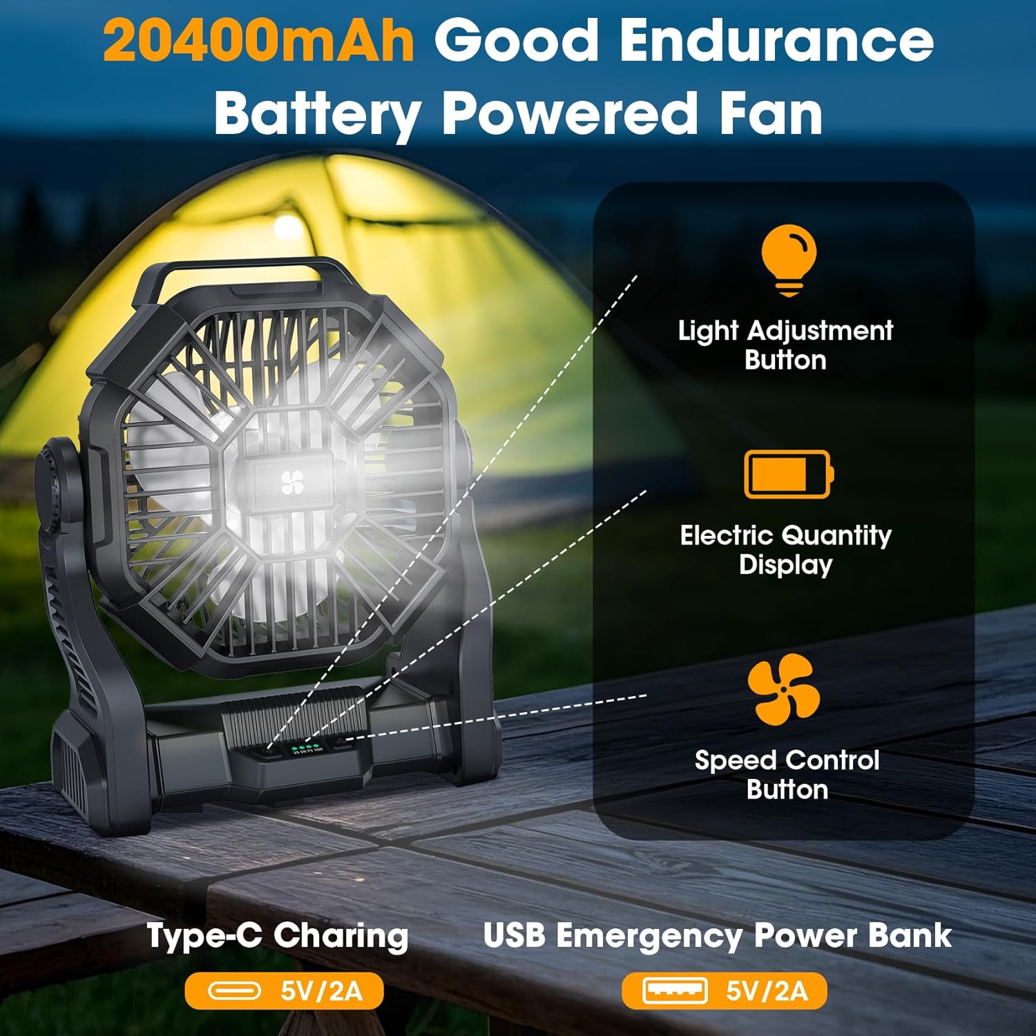 AtelierVivant 20400mAh USB Desk Fan Tent Fan with LED Light Hook for Beach Travel Camping Outdoor