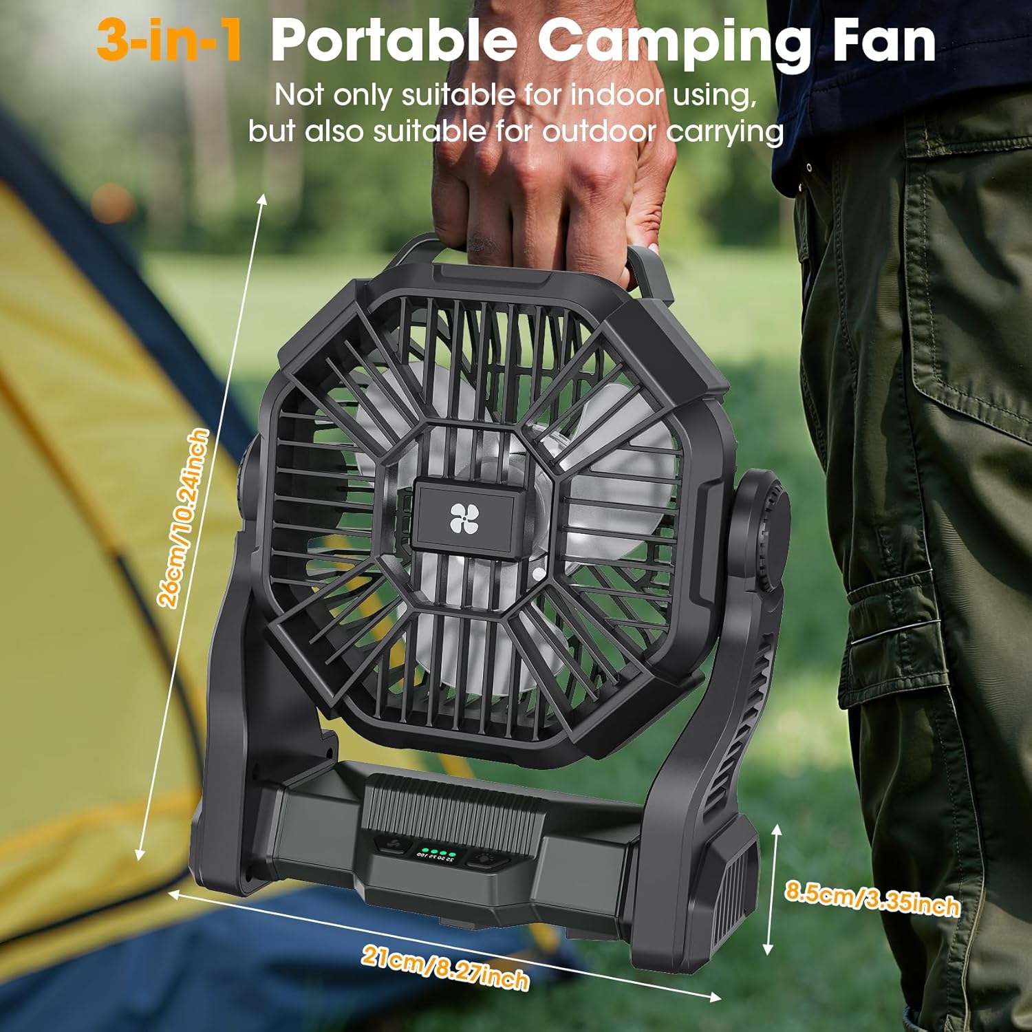 AtelierVivant 20400mAh USB Desk Fan Tent Fan with LED Light Hook for Beach Travel Camping Outdoor