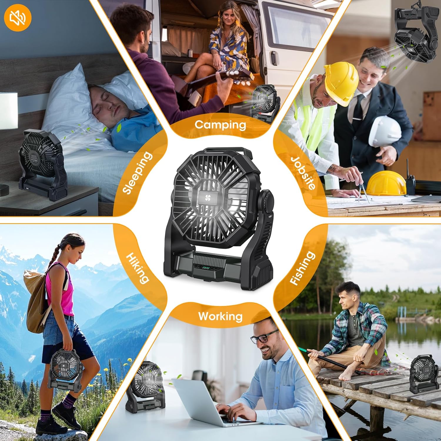 AtelierVivant 20400mAh USB Desk Fan Tent Fan with LED Light Hook for Beach Travel Camping Outdoor