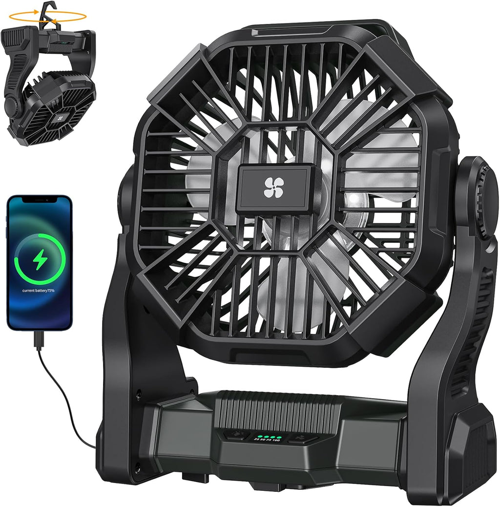 AtelierVivant 20400mAh USB Desk Fan Tent Fan with LED Light Hook for Beach Travel Camping Outdoor