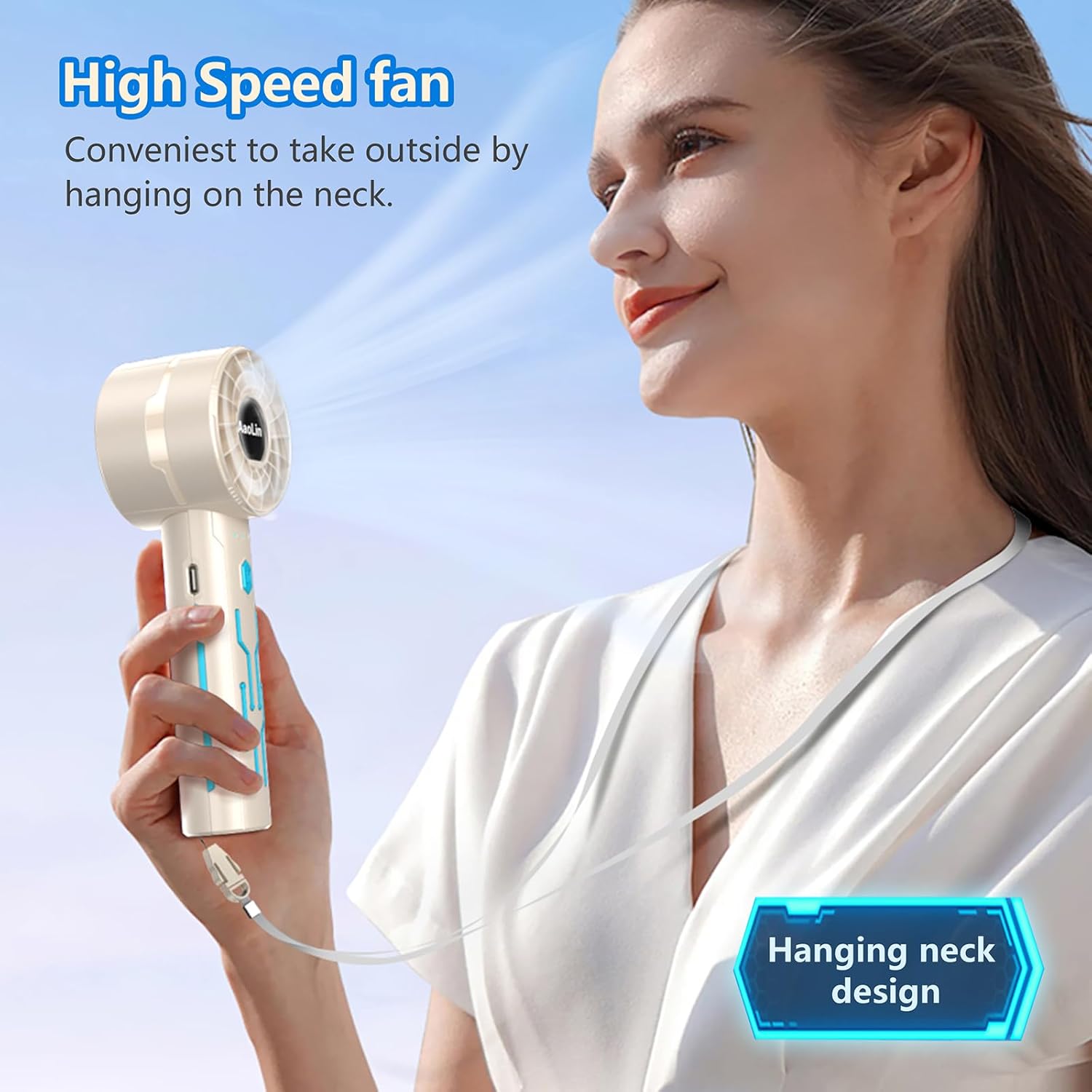AtelierVivant 2 Pack USB Handheld Fan 7000 RPM Neck Hanging Mini Fan 4 Speeds 4-16H for Summer Outdoor Travel