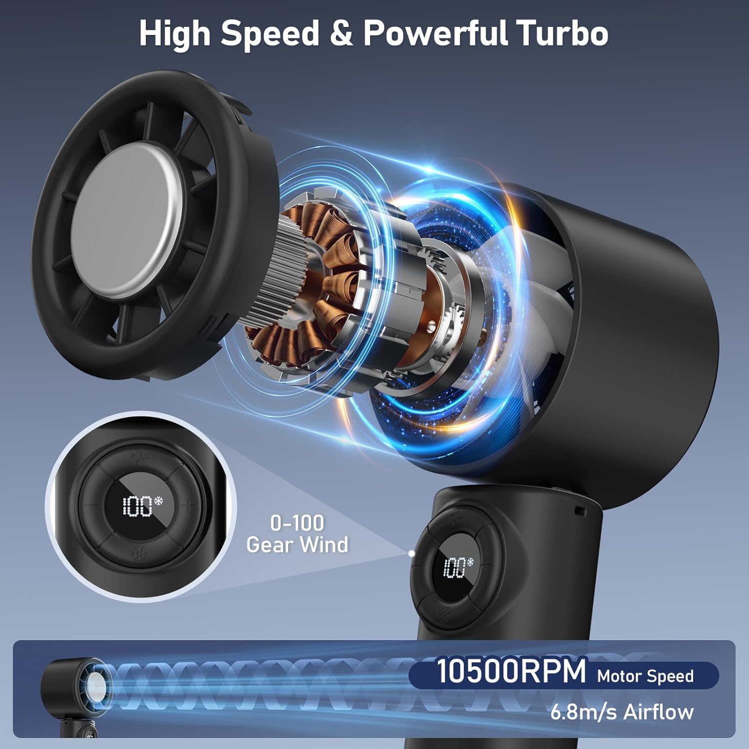 AtelierVivant Handheld USB Fan 10500 RPM Mini Cooling Fan 4000mAh Foldable for Travel Home Office Outdoor