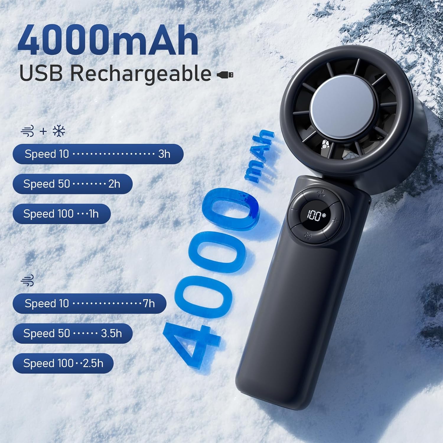 AtelierVivant Handheld USB Fan 10500 RPM Mini Cooling Fan 4000mAh Foldable for Travel Home Office Outdoor